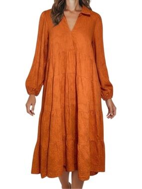Umgee Burnt Orange / Rust V-Neck Tiered Floral Detail Midi Dress S
